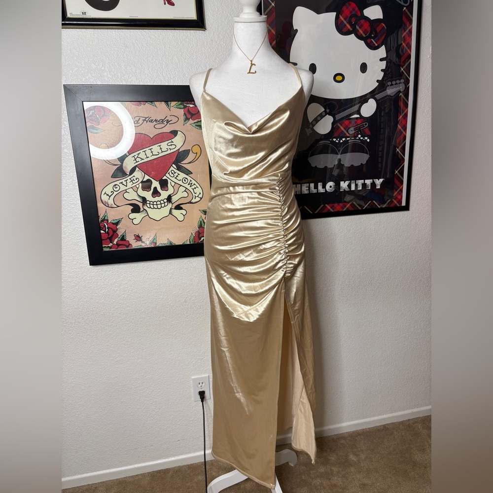 Popular 21 Champagne Gold Satin Cowl Neck Ruched Maxi Dress Side Slit Formal